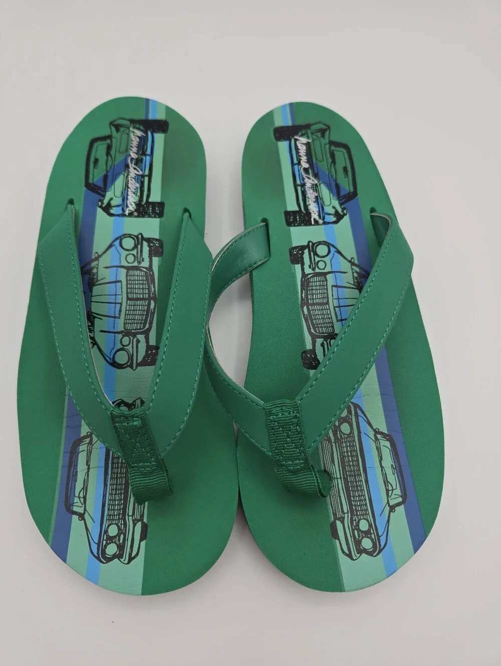 Hanna Andersson Boys Flip Flops Sandals Size Youth 3 Green Blue Car Print